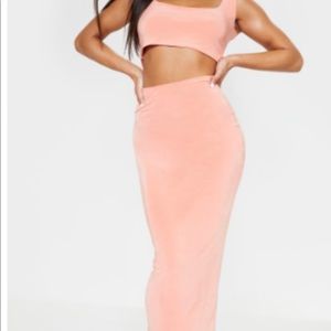 PRETTTLITTLETHING peach croptop and long skirt set